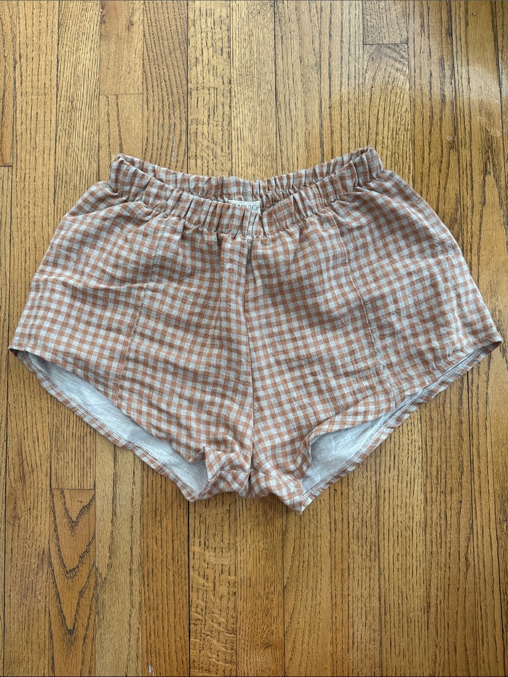 100% Linen Gingham Shorts Medium Rust Orange White Elastic Waist Cottagecore